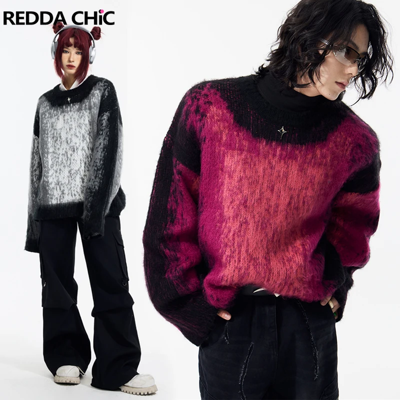 

REDDACHiC Y2k Star Women Mohair Sweater Bicolor Gradient Long Sleeves Crew Neck Jumper Loose Casual 90s Retro Pullover Knitwear