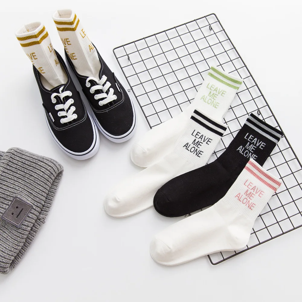 Women Mid Length Socks Written LEAVE ME ALONE with Two Stripes on The Collar and Letters on The Planet Women Sports Cotton Socks