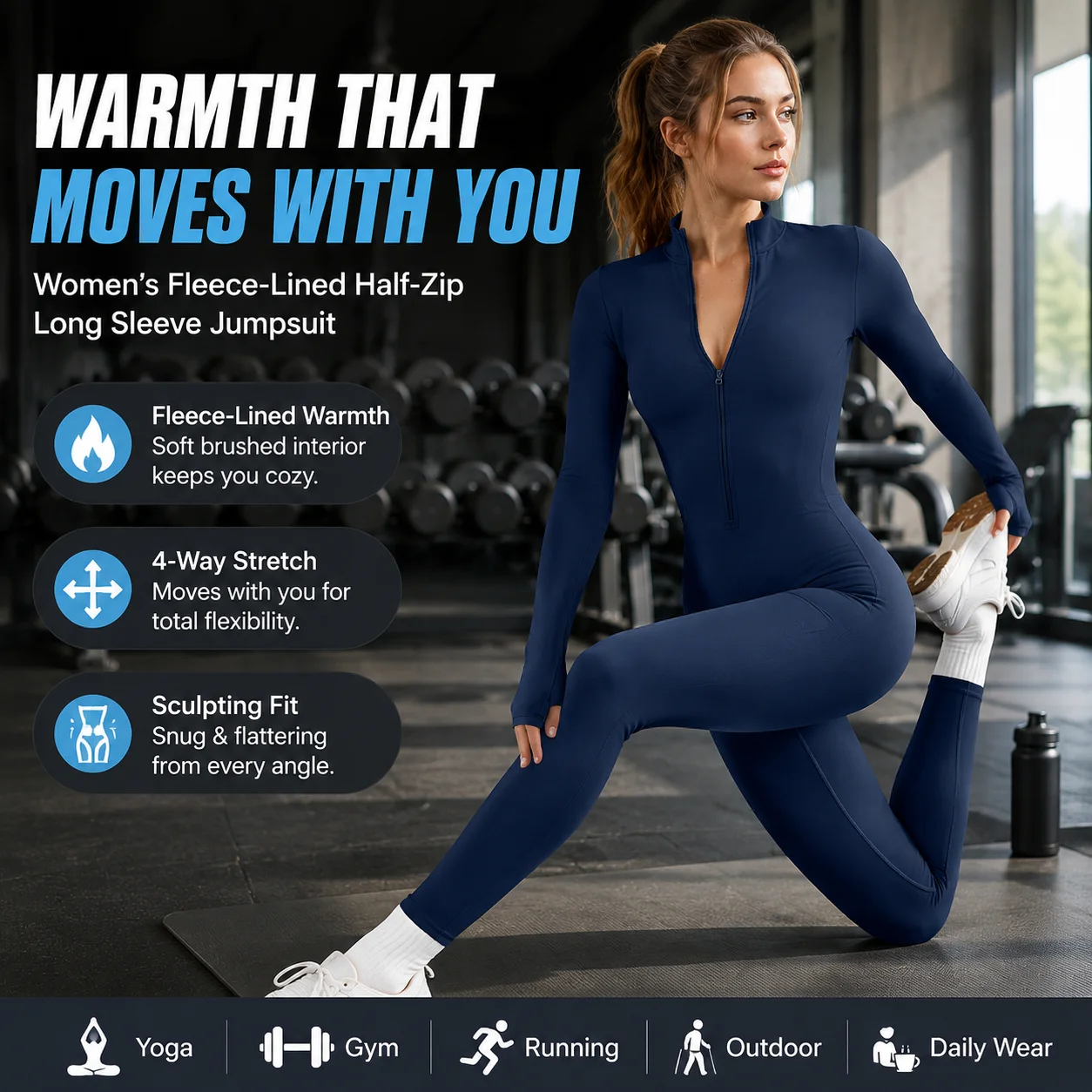 Women's Fleece-Lined Half-Zip Long Sleeve Jumpsuit - Sculpting Butt Lifting Winter Yoga Bodysuit, Multiple Colors, S-XL