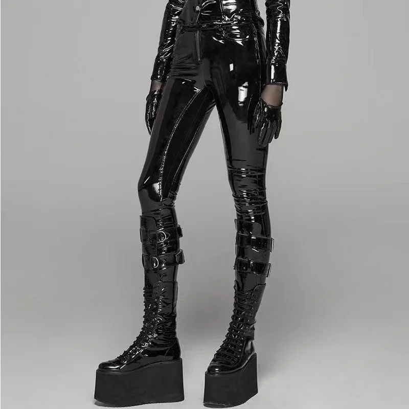 Gothic Punk Glossy Patent Leather Skinny Pants Women High Waist Wet Look PU Leggings Bodycon Club Streetwear Trousers