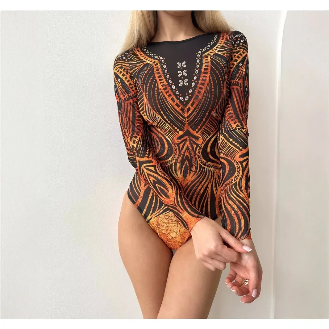 S-XXL Women's Sheer Mesh Swimsuit Sexy Corset Lace Up Halter Bodysuit One Piece Summer Swimwear Holiday Floral Beachwear Outfits