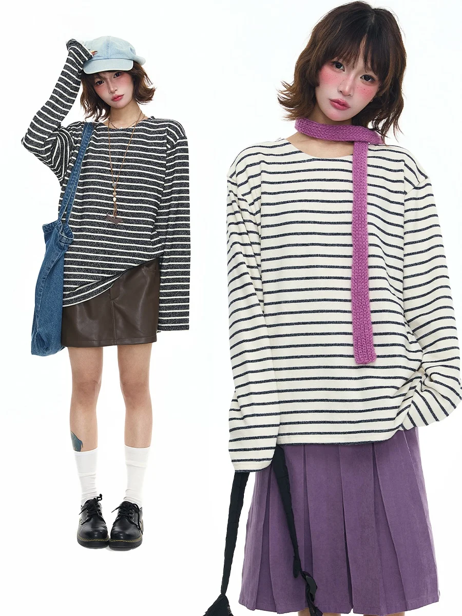 

Sanowers American Retro Striped Color Blo Long Sve Women's T-irt Spring Autumn Loose Versatile Couple Base irt Top