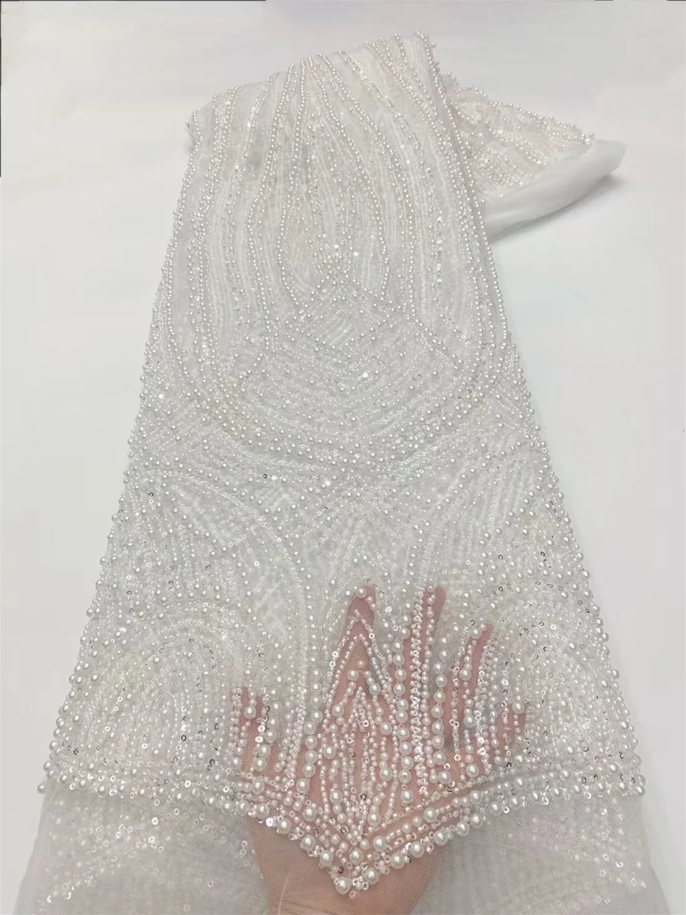 Latest Lace Fabric High Quality 2025 White Lace Fabric 5 Yards Luxury Beaded Lace Sequin Fabric For尼日利亚 Wedding Dress Q199-1