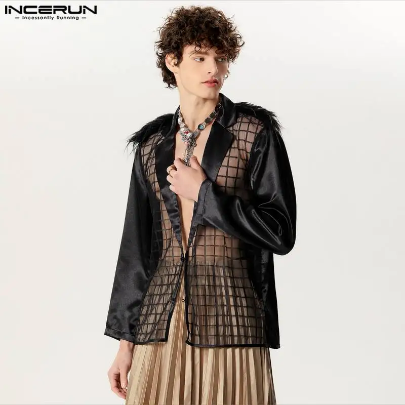 INCERUN 2024 Men Blazer Mesh Plaid Patchwork Lapel Long Sleeve One Button Suits Men Transparent Streetwear Fashion Casual Coats