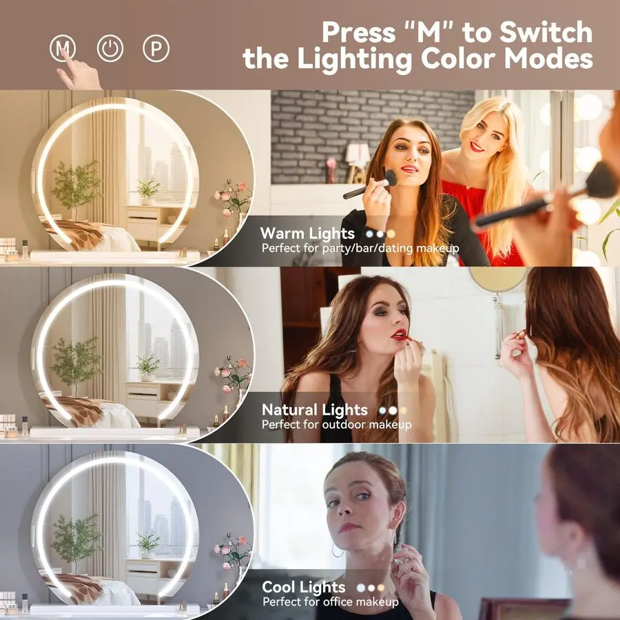 مرآة زينة مع أضواء، مرآة مكياج LED 24 × 22، مرآة مكياج مضاءة مع أضواء، تحكم ذكي باللمس 3 ألوان قابلة للتعتيم M #4