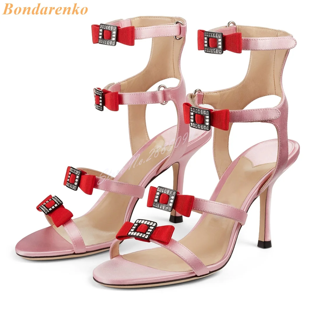 

Bow Knot Buckles Straps Sandals Mixed Colors Hollow Round Toe Sandals Thin High Heels Summer New Style Women Designer Shoes Show