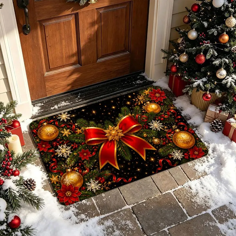 Red Golden Bow Poinsettia Christmas Ball Dark Background Print Durable Washable Floor Rug For Festive Season Home Entrance Accen