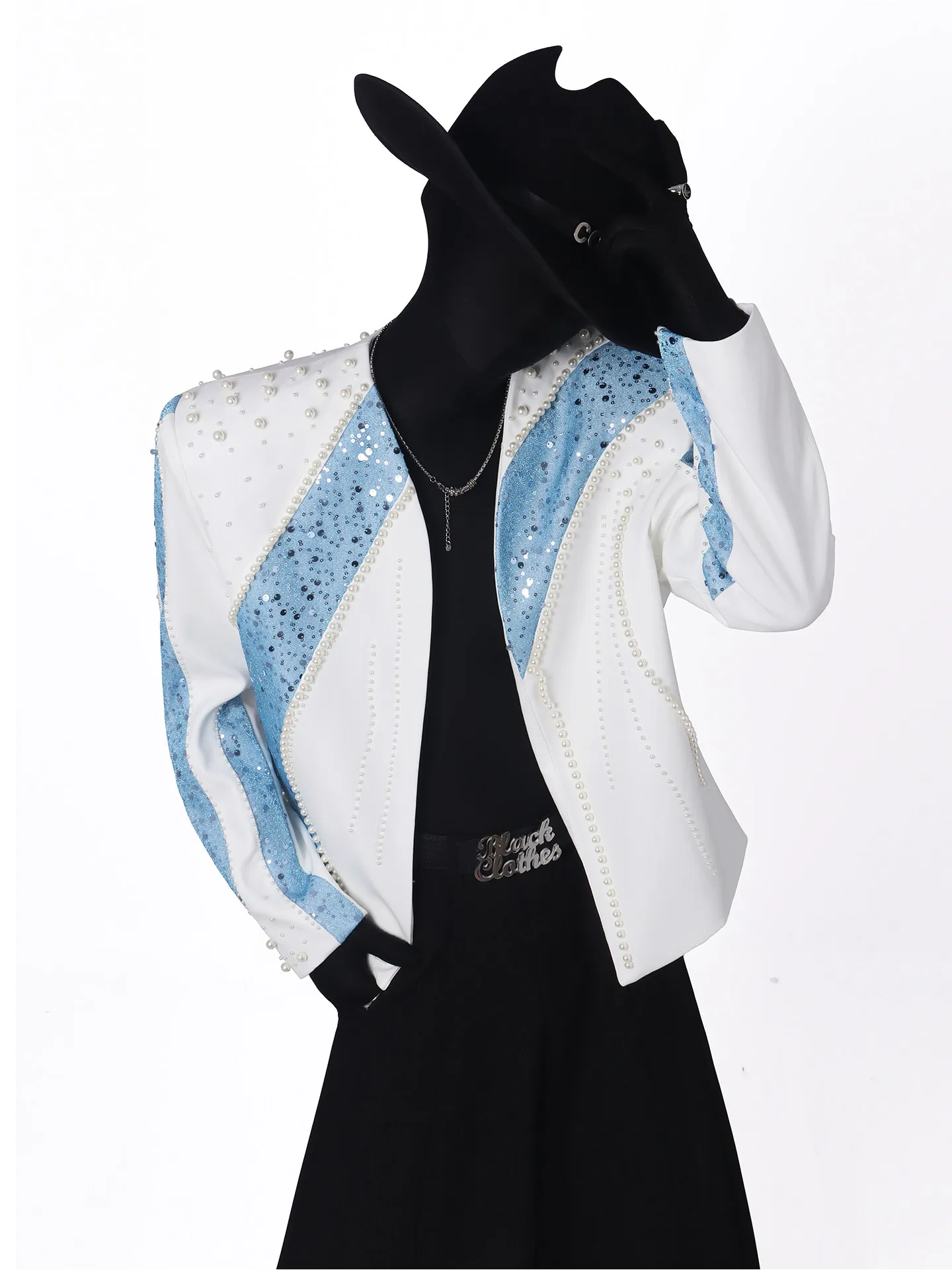 Spring Autumn American Street Style Men's Pearl Sequin White and Blue Patchwork Design Motorcycle Performance PU Leather Jacket
