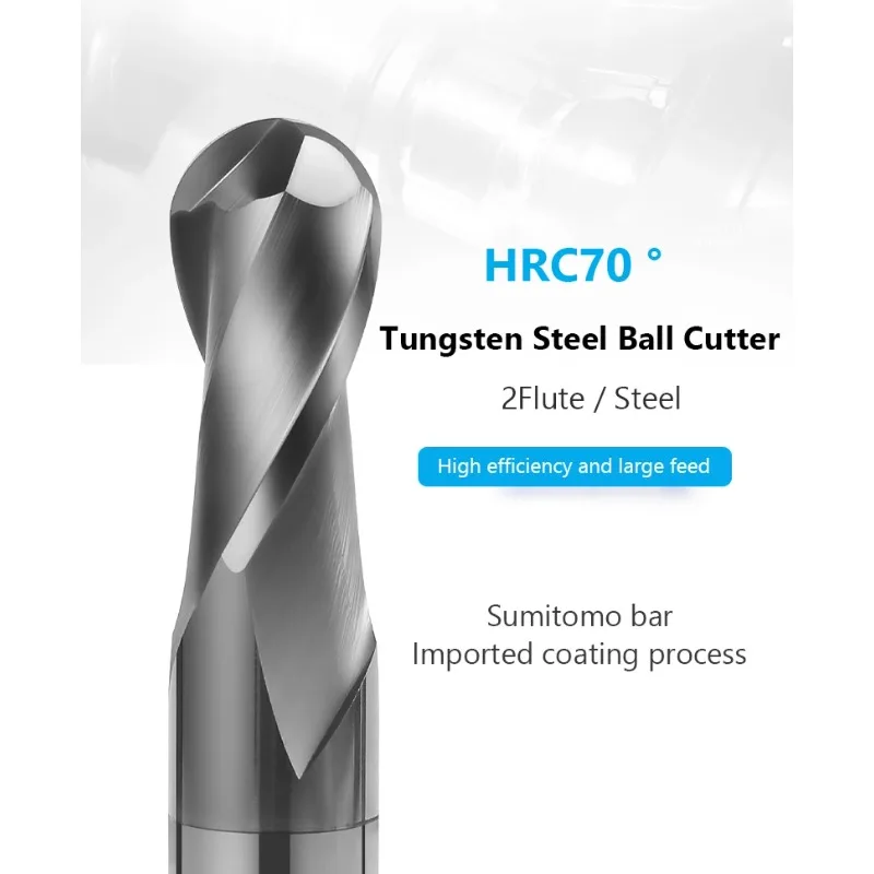 

HRC70 Ball Nose End Mill Tungsten Carbide Cutter CNC Router Bit Milling Tool R0.5 2 4 6 810mm 2 Flute Metal Steel Machining Tool