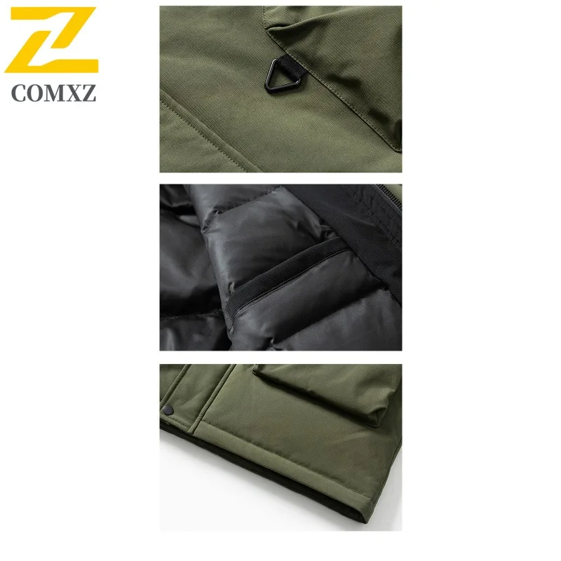 COMXZ 2025 Men Long Down Jacket Outdoor Hiking Travel Cold Resistant Filler Down Minimalist Daily Style Lightweight Winter Coat