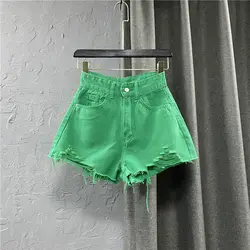 Short en jean déchiré à jambes larges pour femmes, pantalon en denim, taille haute, vert, ligne A, nouveau style, été