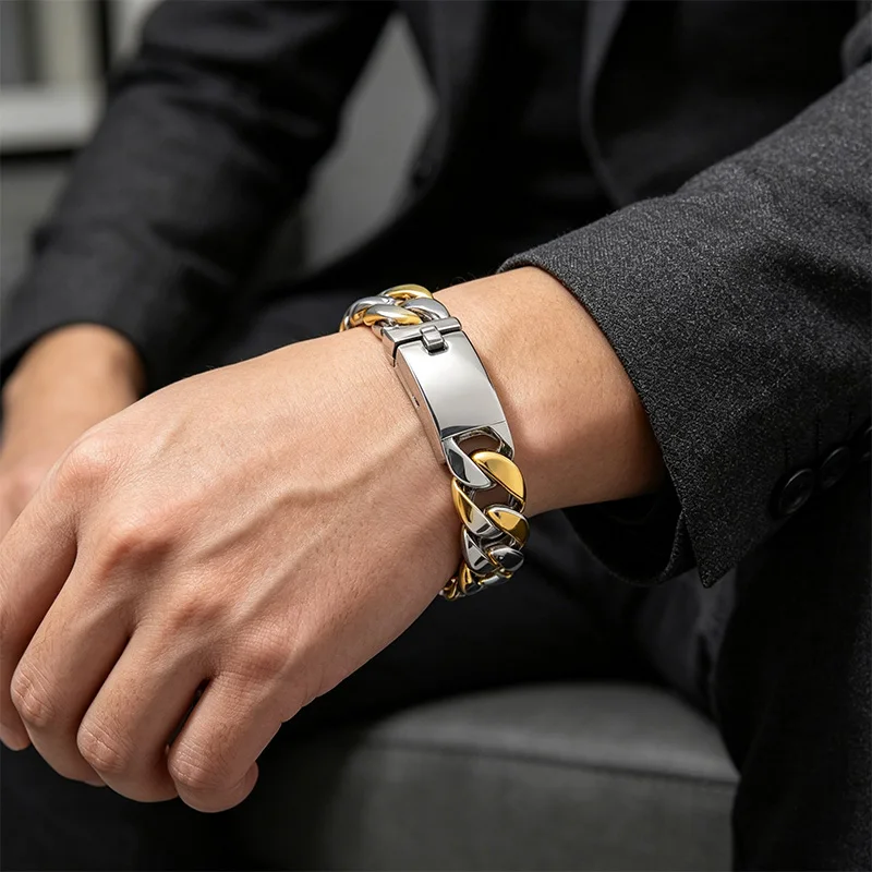 Stainless Steel Metal Cuban Chain Bracelet / Necklace Pulseras for Men and Women, Viking Kpop Emo Cute Luxury Jewelry Set Gift
