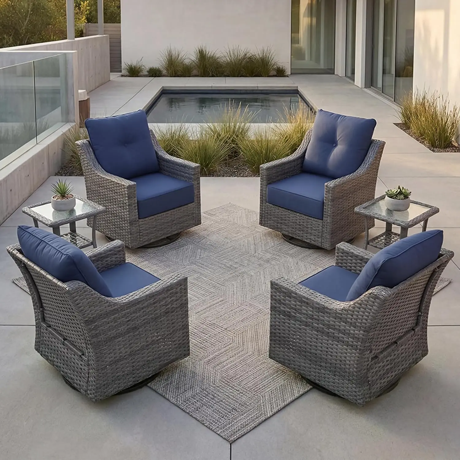 6-Piece Wicker Patio Set with 4 Swivel Rockers & 2 Tables, 6-Inch Cushions, Blue Covers for Outdoor Porch Deck, Customized