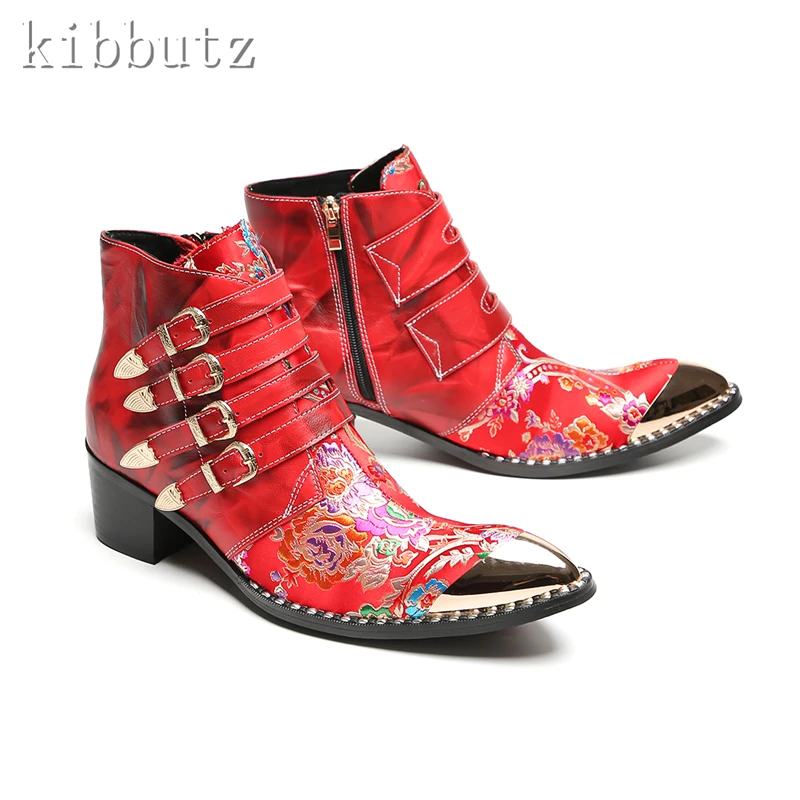 디자이너 신상 프린트 버클 스트랩 앵클 부츠 남성 메탈 토 진짜 가죽 하이힐 첼시 부츠 패션 파티 드레스 슈즈