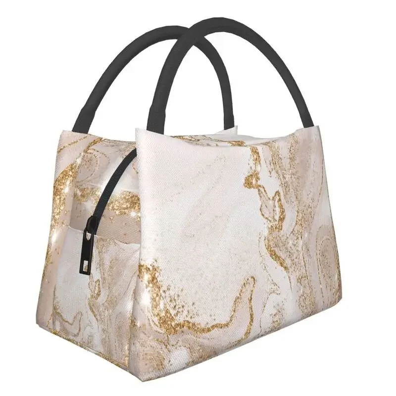 Marble Geometric Pattern Insulated Lunch Bags for Work Office Gold And Cream  Waterproof Thermal Cooler  Box Women