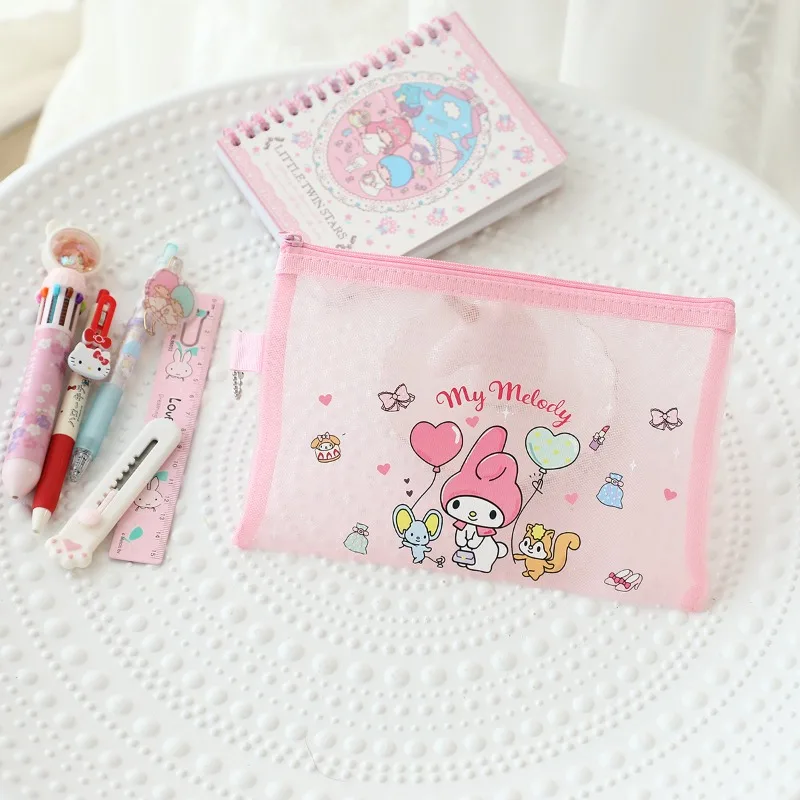 Kawaii Hello Kitty papeterie sac mignon dessin animé maille sac de rangement Transparent bureau décoration étudiant fournitures cadeau en gros
