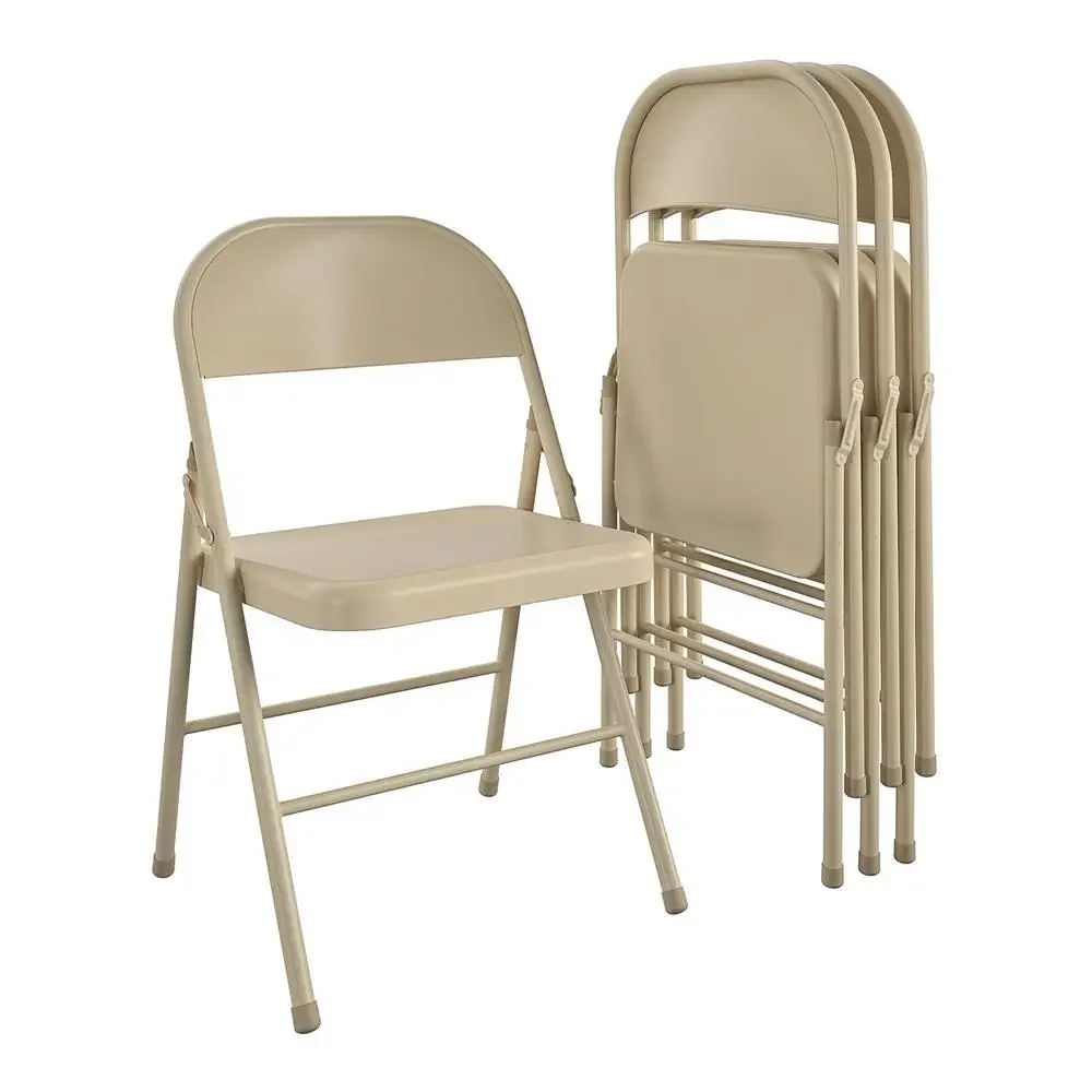 Vintage All-Steel Folding Chair 4 Pack Beige Elegant Event Seating Durable Non-Slip Indoor Furniture Foldable Storage Easy