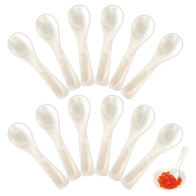 ABFY-12 Pieces Mother Of Pearl Caviar Spoons Handcraft,Round Bowl Caviar Serving,For Salt Coffee Egg Ice Cream