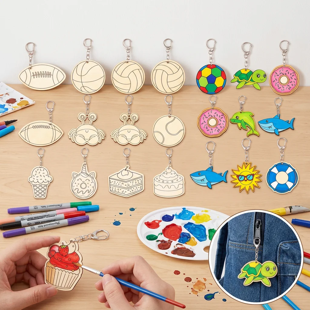 36Pcs Unfinished Wooden Keychain Color Your Own Keychain Blank Wood Painting DIY Crafts for Party Activities Arts Project Decor