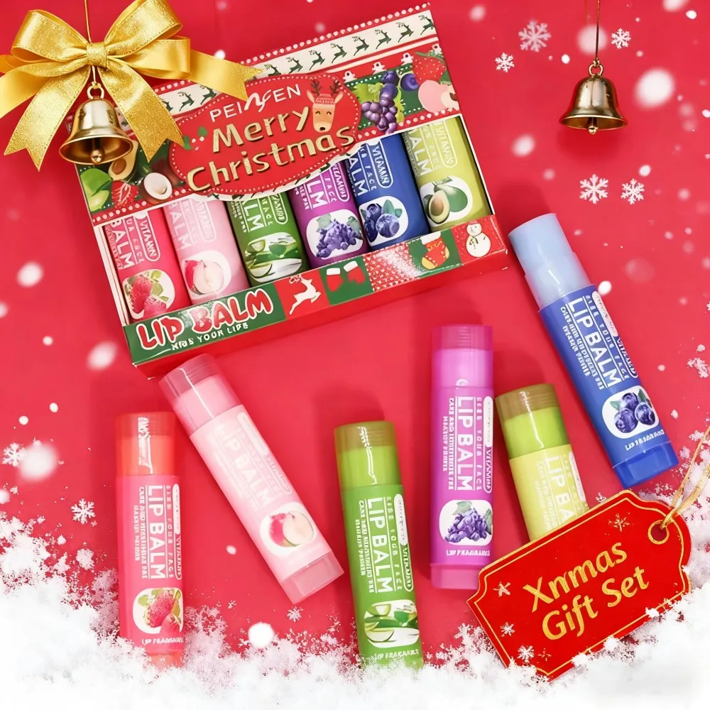 6 uds Multi sabores de fruta Base hidratante bálsamo labial conjunto maquillaje cuidado de los labios bálsamo de cuidado diario para mujeres y hombres Navidad