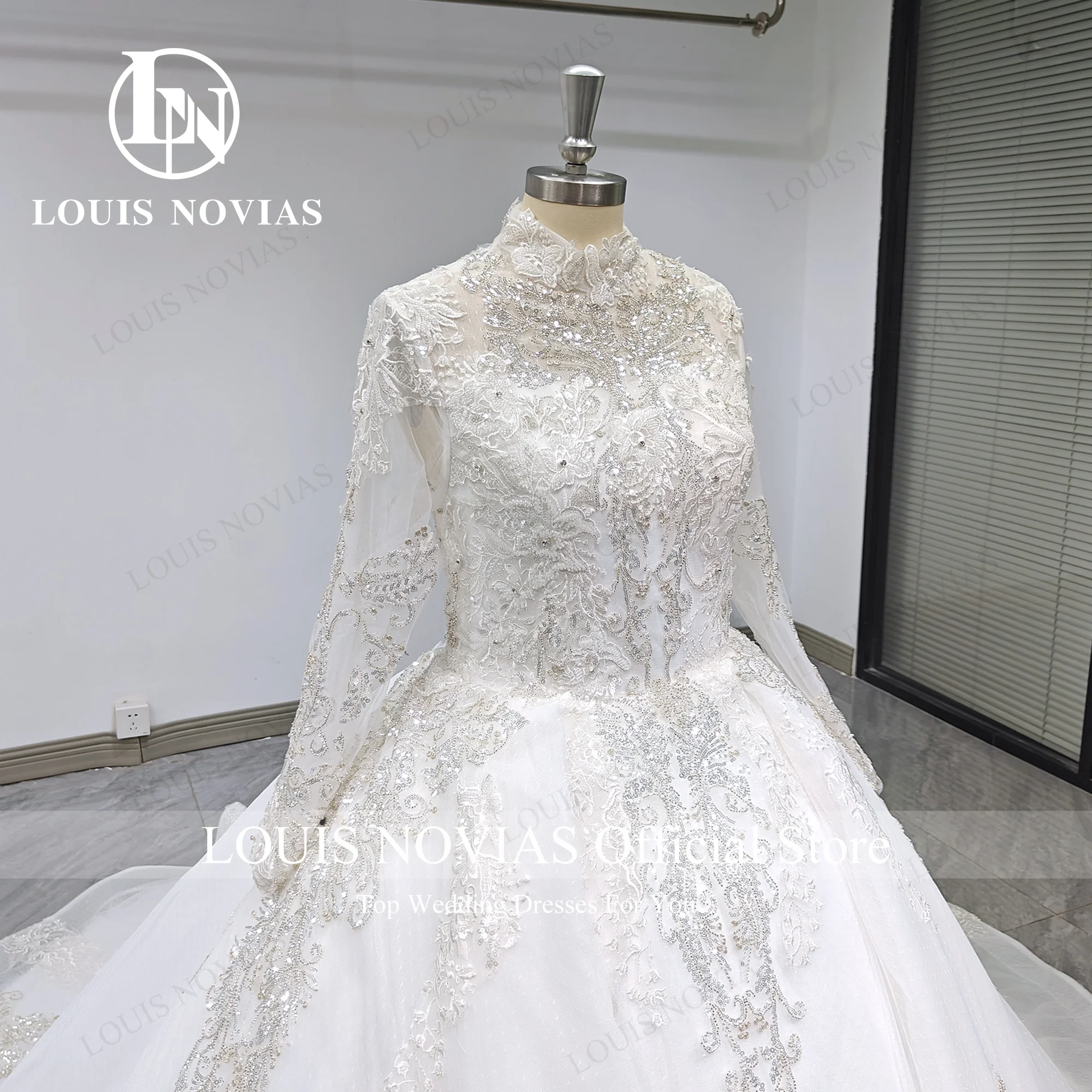 Suknia balowa LOUIS NOVIAS suknia ślubna 2024 prawdziwe zdjęcia wysoko długo rękaw haftowana cekinowa suknia ślubna koronkowa Vestidos De Novia