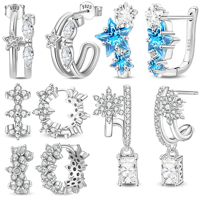 

Серьги-снежинки с цирконом, лепестки звезды, стерлинговое серебро 925, женские серьги-гвоздики с цирконием, сверкающие серьги-кольца, ювелирные изделия, подарок
