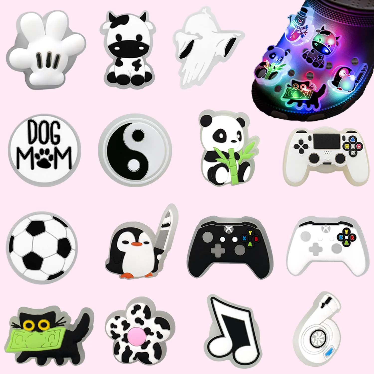 1PCS Cool LED Shoe Decoration Charms Game Controller Cute Panda Black Cat Shoe Accessories Pins for Clogs Women Men Clips Buckle