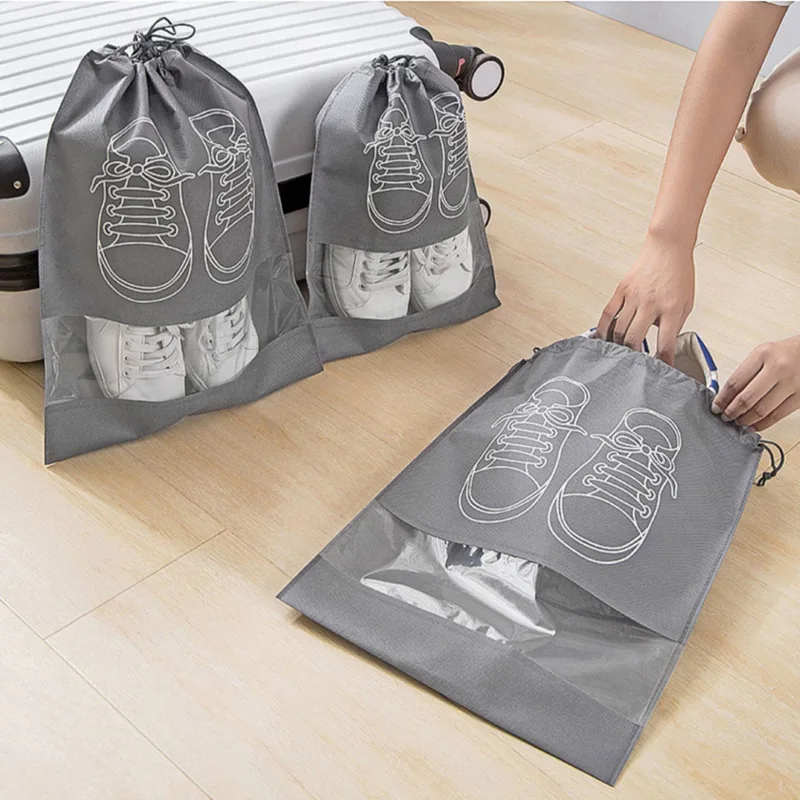 Shoe Storage Bags Non-Woven Drawstring Dust Bags for Shoes, Transparent Travel Shoe Covers with Ties Space-Saving Shoe Pouch Set