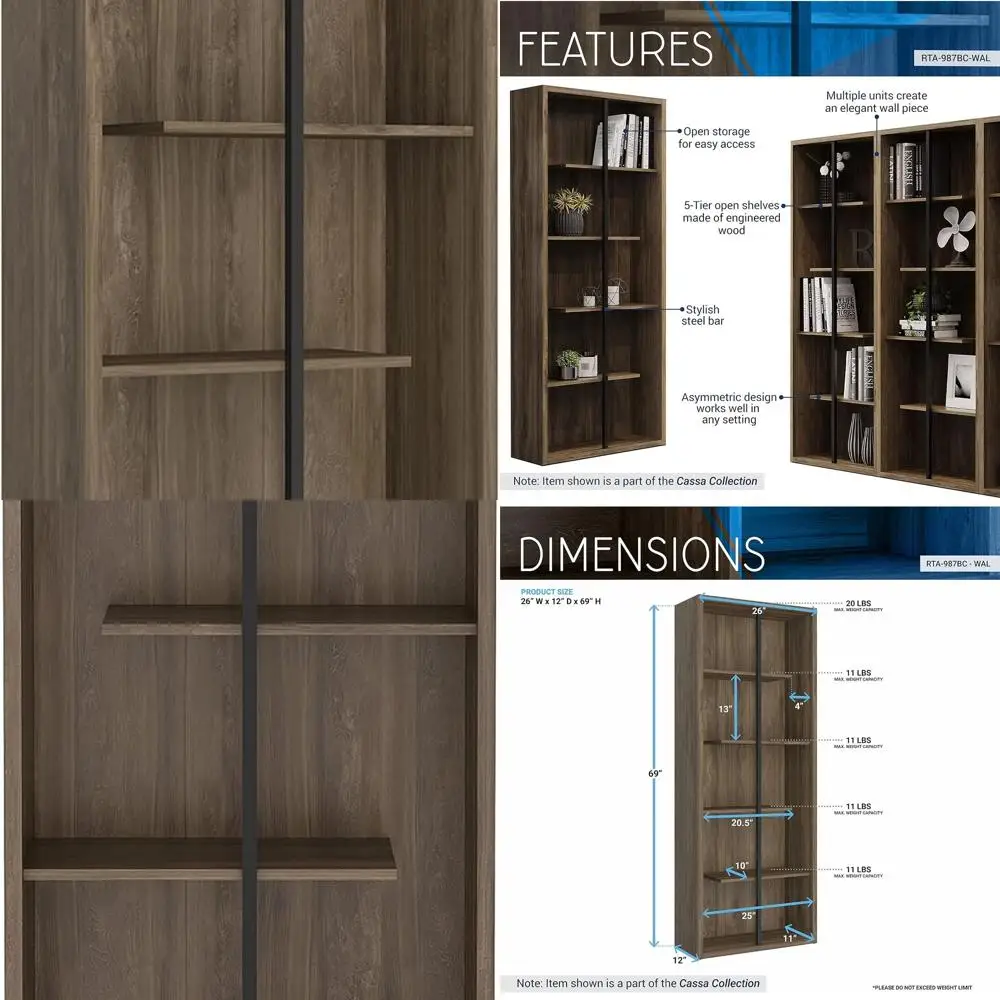 

Elegant 5-Tier Walnut Bookshelf, Asymmetrical Design for Living Room and Home Office