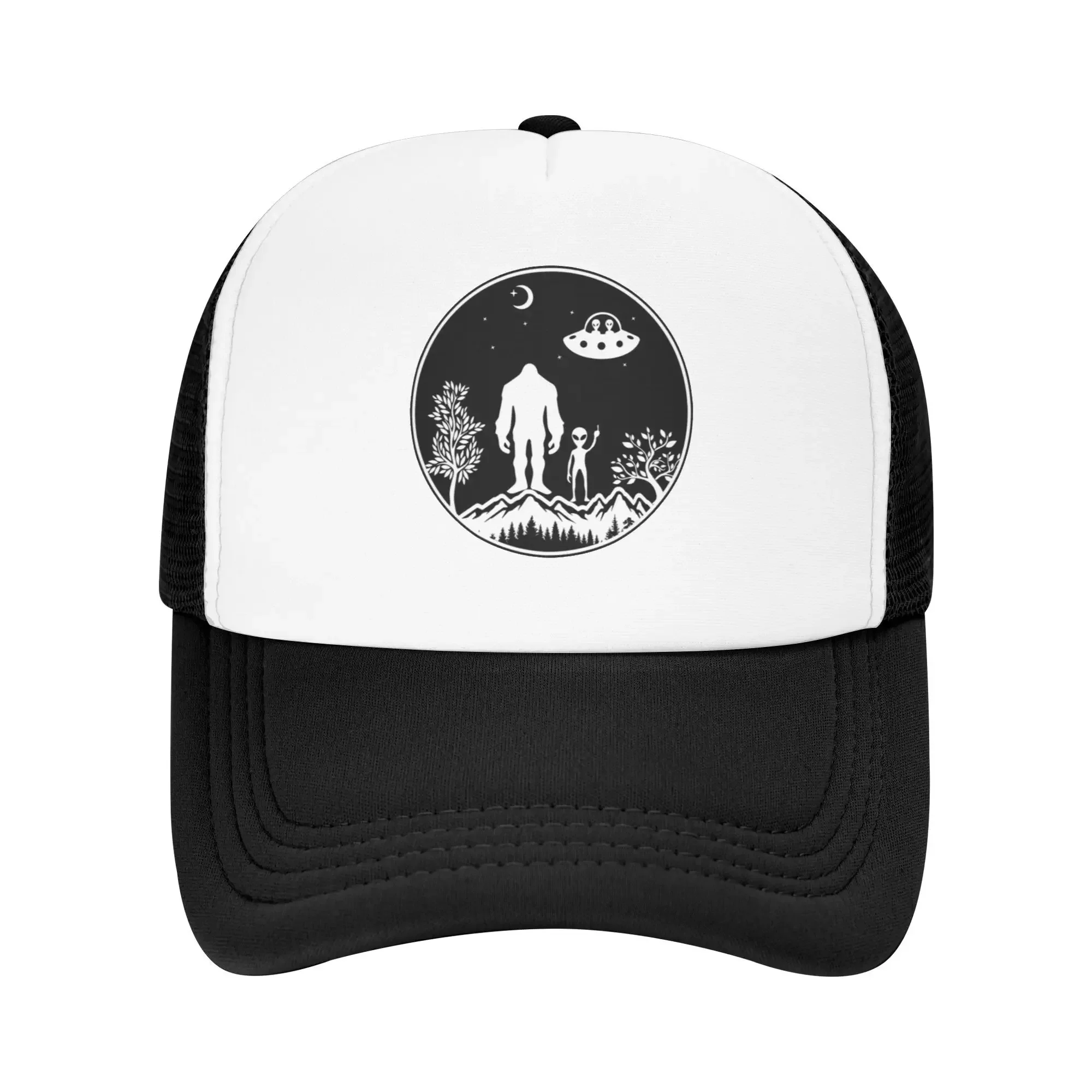 Bigfoot And Alien UFO Under The Moon In Forest Pool Party Mesh Baseball Caps Men Spring Female Beach Golf Hat Trucker Cap