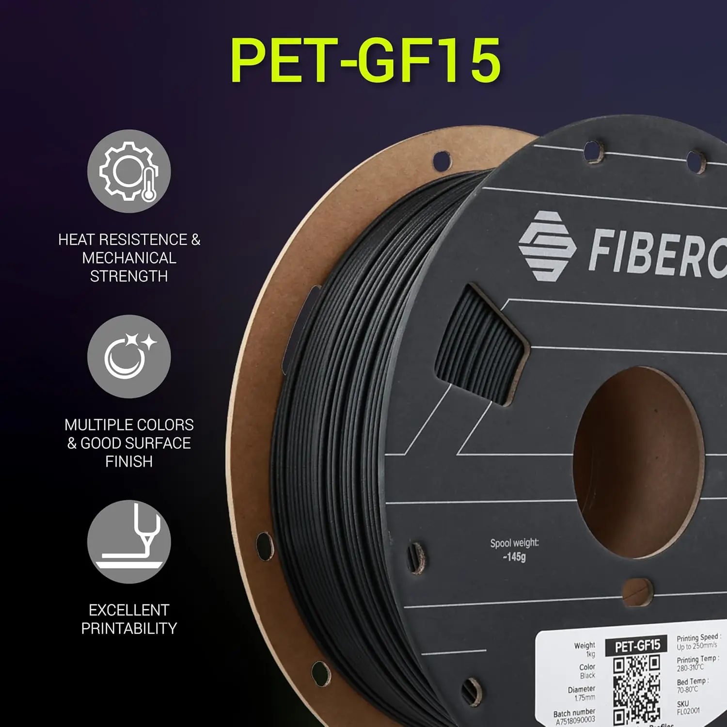 Polymaker Fiberon Black PET-GF15 3D Printer Filament 1.75mm 1KG, 15% Glass Fiber Reinforced, High Strength & Heat Resistance