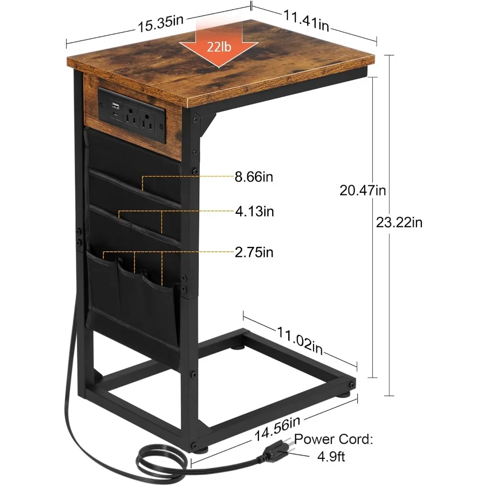 AMHANCIBLE Table d'appoint en forme de C avec station de recharge, plateau TV lot de 2, tables de canapé avec sac de rangement, table coulissante sous le côté du canapé