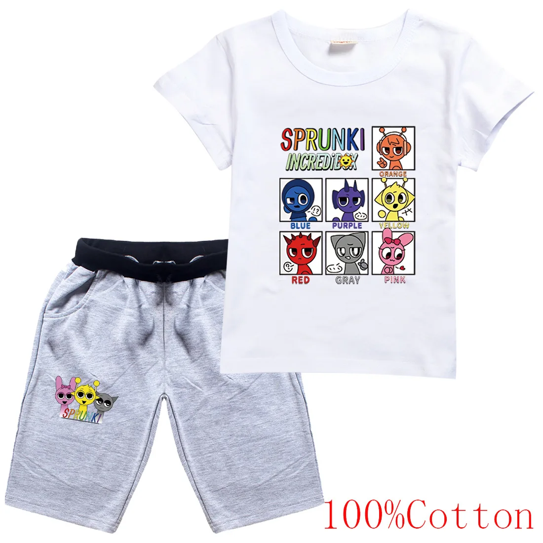 Sprunki Cartoon Clothes Kids Cotton T-shirt &Sport Shorts 2pcs Set Baby Girls Clothing Sets Toddler Boys Short Sleeve Sportswear