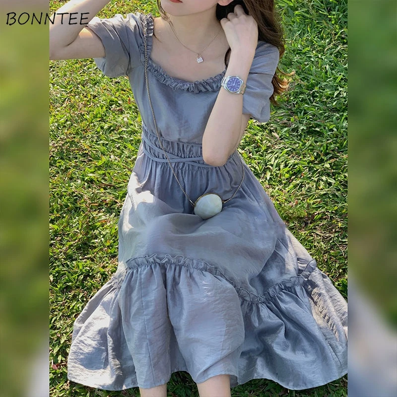 Short Sleeve Dress Women Chic Lovely Elegant French Style Retro Summer New Design Popular Holiday Female Solid Folds Simple Ins