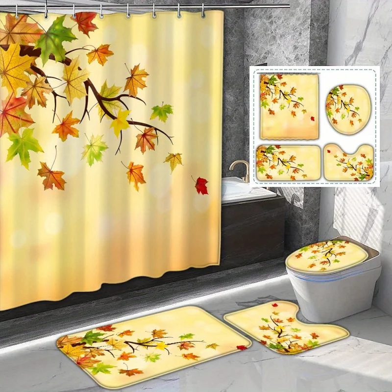 1/4pcs halo dyed maple leaf fall graphic shower , polyester waterproof curtain with 12 hooks, autumn pattern print