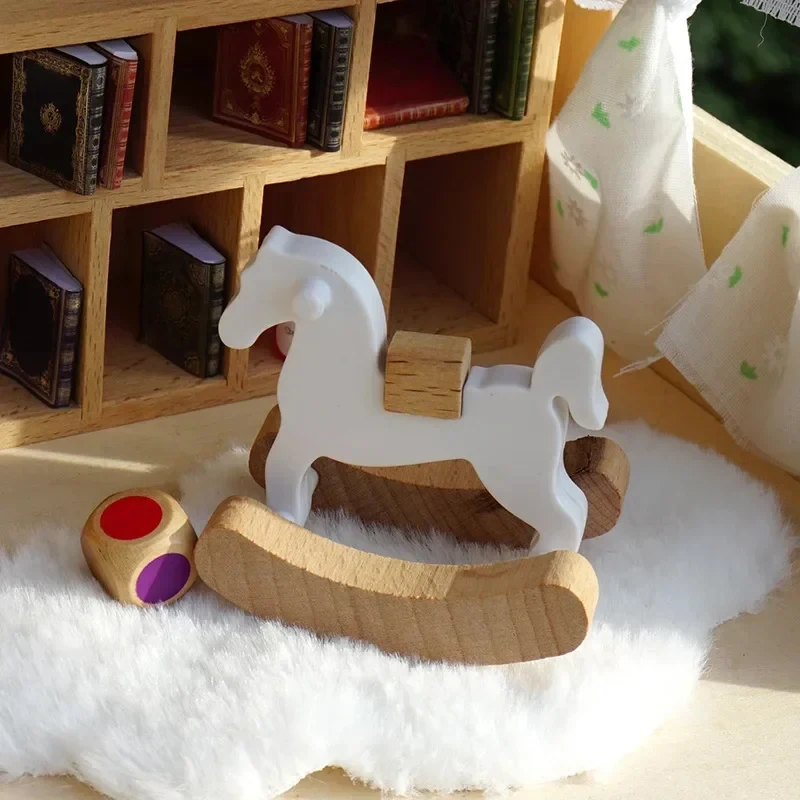 Mini Wooden Horse Toy Model Doll Decorative Accessories Simple Small Wooden Horse Rocking Horse Dollhouse Christmas Decorations