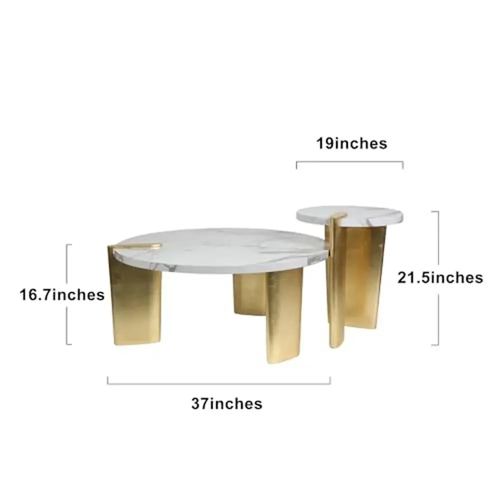 White Marble Pattern Round Wood Nesting Coffee Table Set of 2 Living Room Side Table with Gold Legs Spacious Storage Easy to