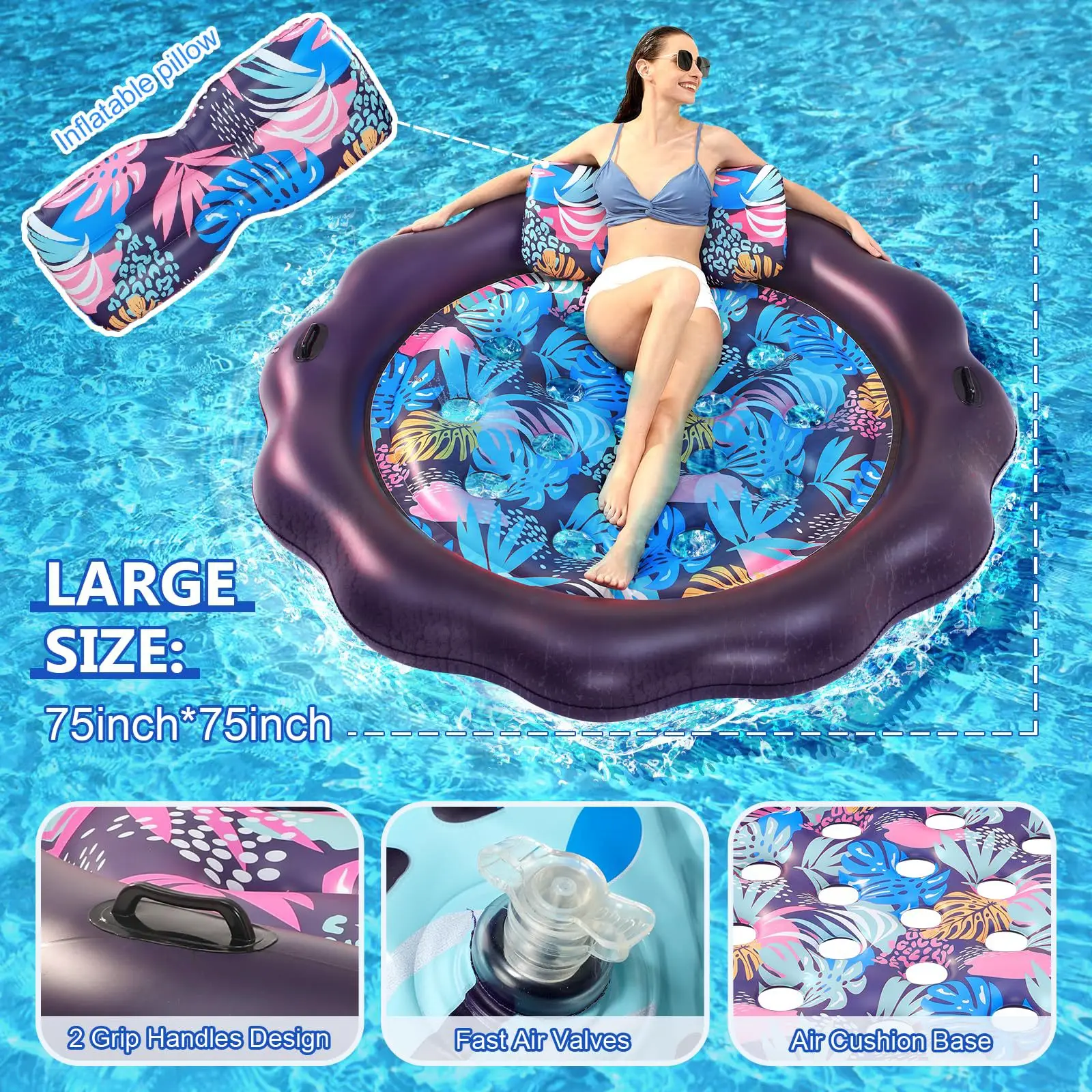 Nouveau lit flottant double gonflable à eau, prise extérieure, feuille d'érable noire, lit d'eau rond pour deux personnes, inclinable flottant