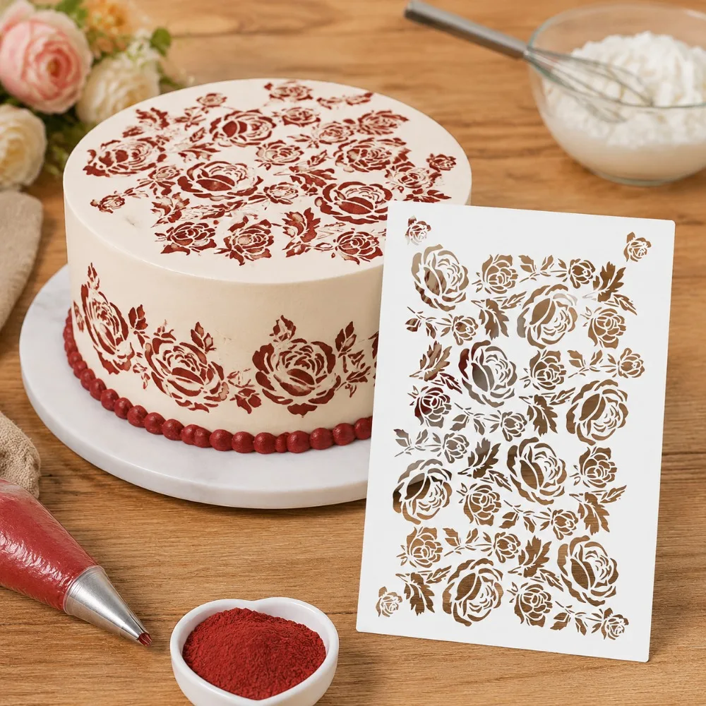 Vintage Rose Flower Cake Side Stencil, Food‑Safe PET Reusable Hollow‑Out Baking Decor Stencil
