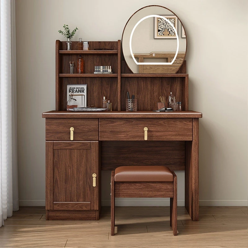 Black Walnut Solid Wood Chinese Style Dressing Table LED Lighted Mirror Modern Multi-Functional Bedroom Bathroom Apartment