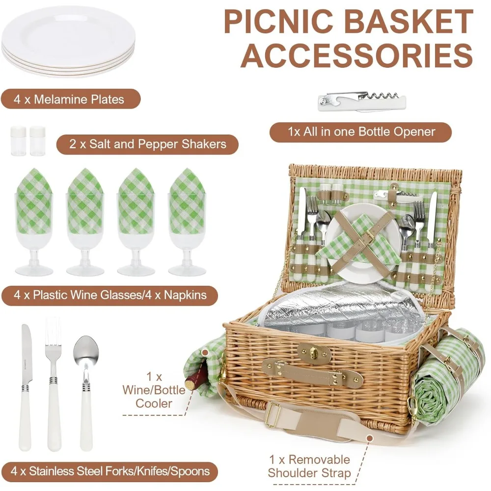 Picnic Basket for 4, Insulated Willow Picnic Baskets with Shoulder Strap