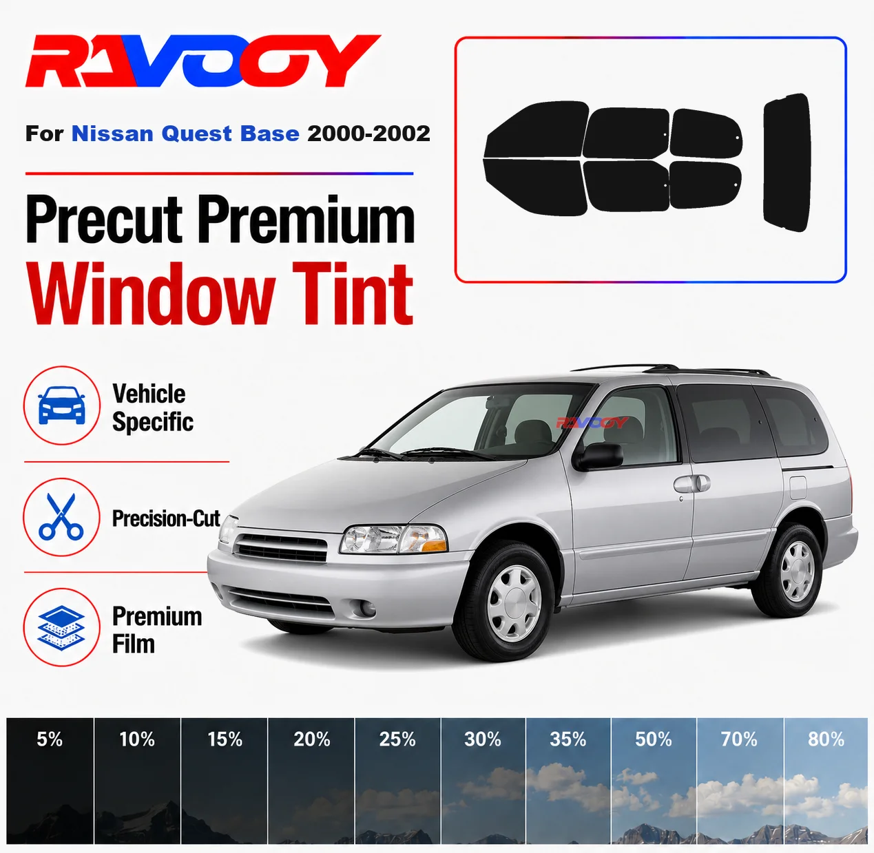 

Premium Precut Window Tint Kit Front Rear Windows Rear Windshield For Nissan Quest Base 2000-2002 Complete Set Nano Ceramic Film