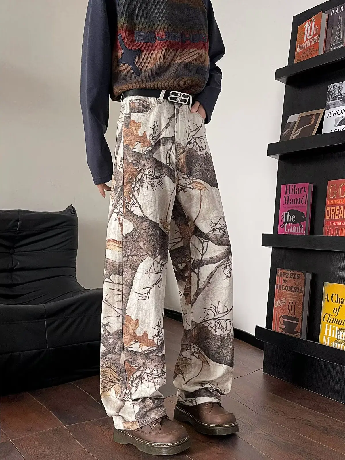 Retro Graffiti Branch Camouflage Jeans Men's Straight Loose High Street Wide Leg Pants American Casual Cool Style Spring Autumn