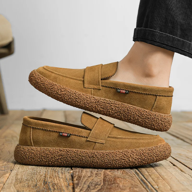 2023 New Summer British Style Men Suede Cow Leather Loafers Sneakers Thick Sole Slip On Men Casual Footwear