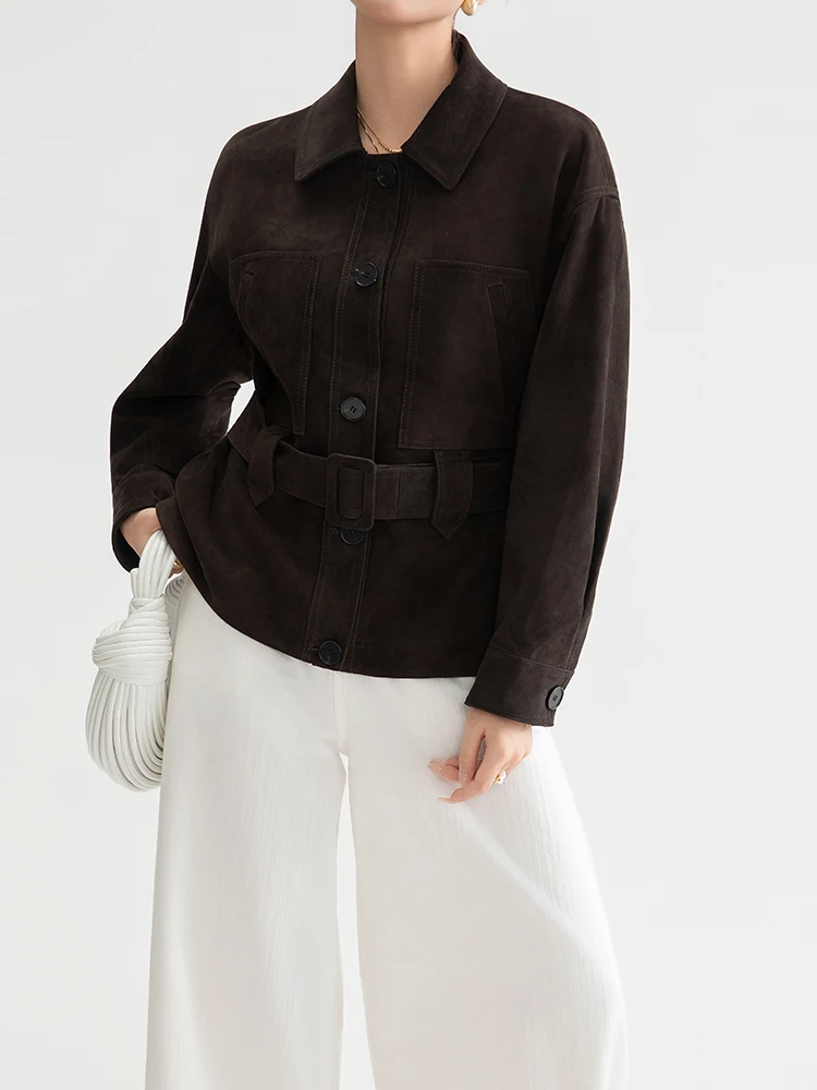 Giacche vintage in vera pelle scamosciata per donna Primavera Autunno 2025 Nuovo cappotto di alta qualità semplice sottile corto in vera pelle di pecora con cintura