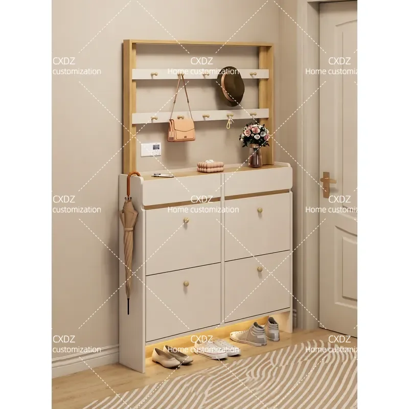 Cream wind ultra-thin tipping bucket, shoe cabinet, storage cabinet integrated against the wall, solid wood entry at the door