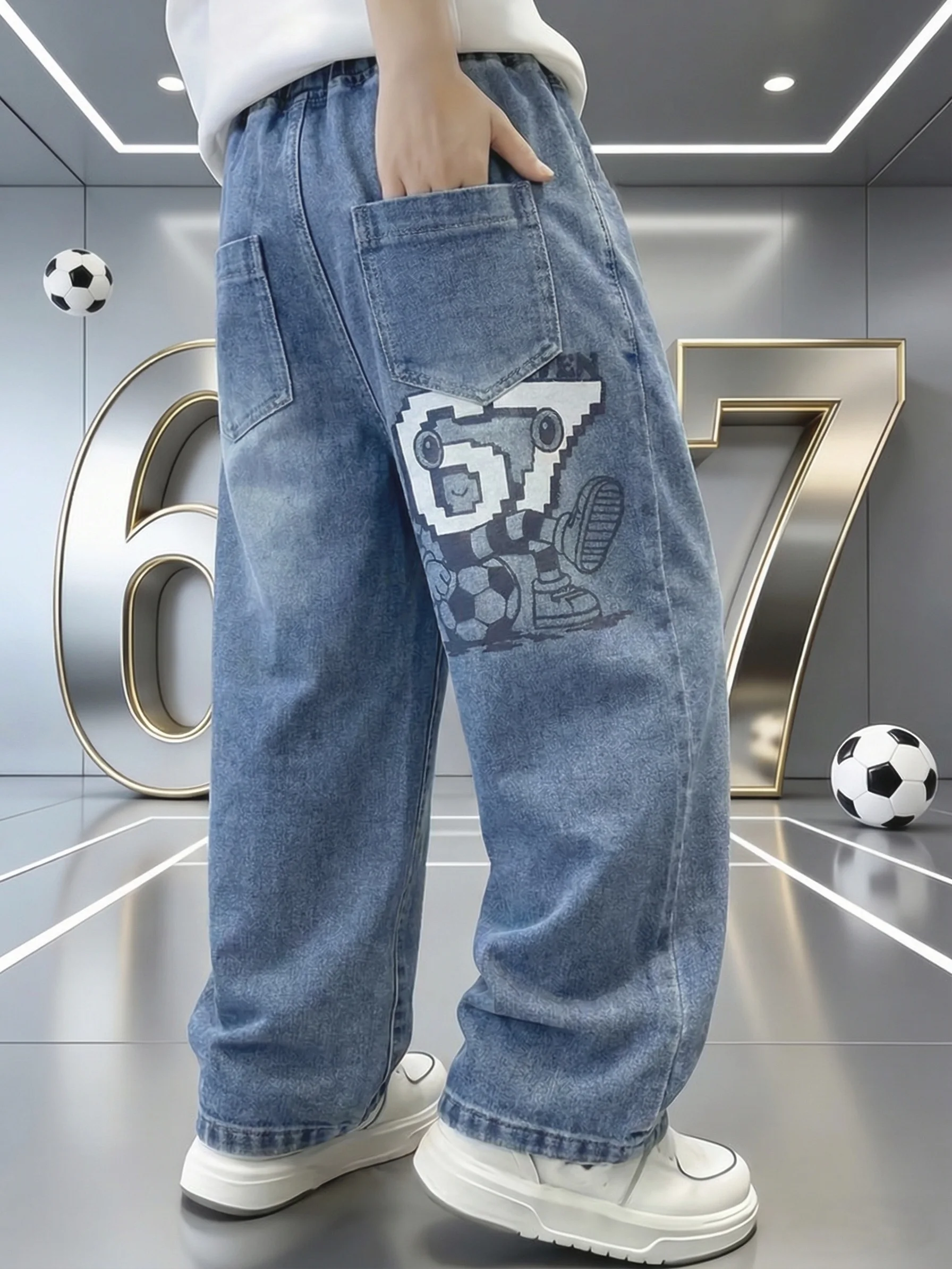 Original-Jeans für Jungen, trendige, gewaschene Denim-Hosen, Jungen-Cartoon-Druck mit der Nummer „67“, locker sitzende lange Hosen für Kinder – Detail 4