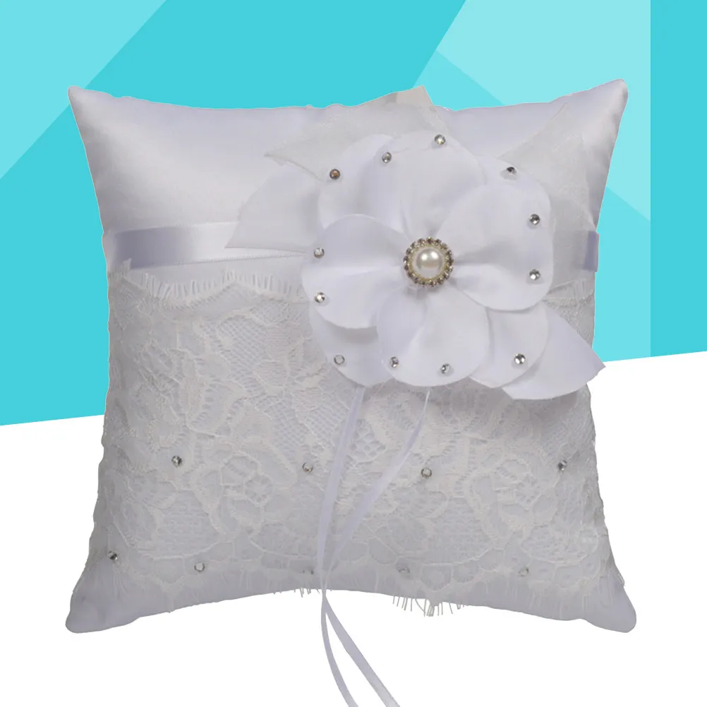 Wedding Ring Pillow Lace Flower Pearl Crystal Bridal Ivory 20x20cm Ring Bearer Cushion Compact Carry Soft Touch Perfect Ceremony