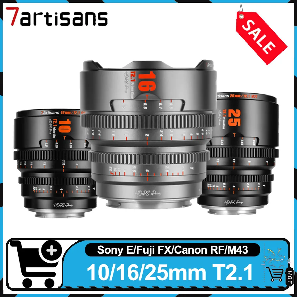 7artisans 10mm T2.1 16mm T2.1 25mm T2.1 Super 35 Cine Lens لتسجيل فيديو Portrait Lanscape متوافق مع Sony E Fuji FX