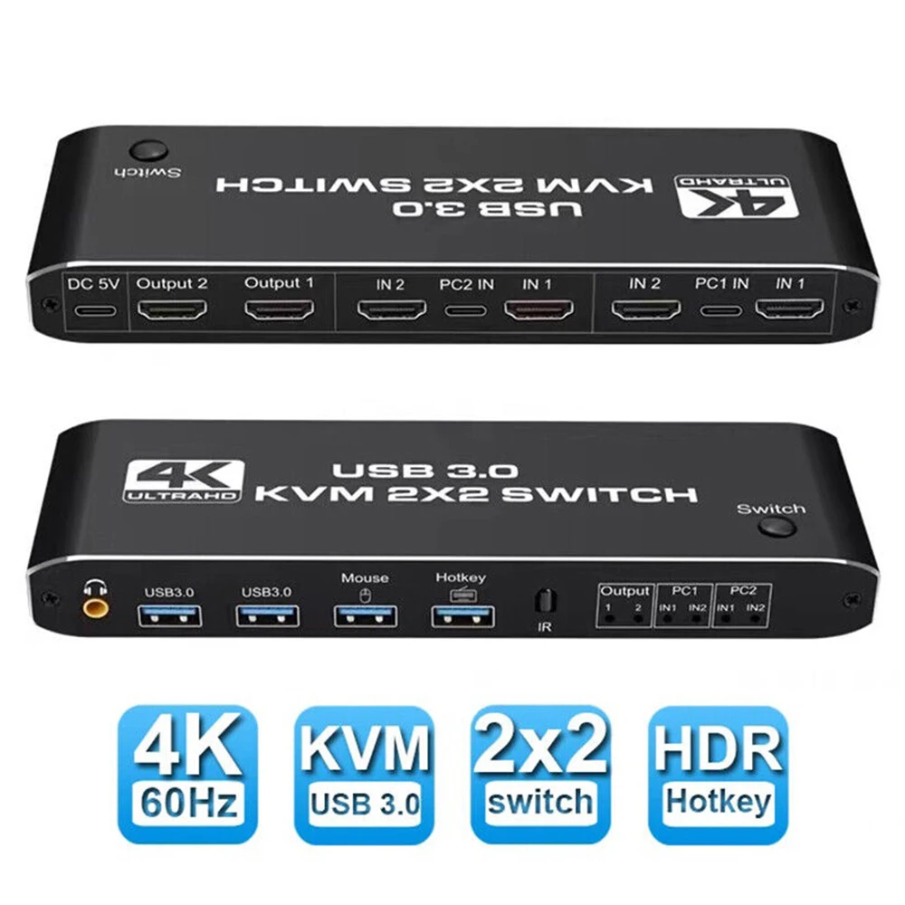 HDMI-Compatible KVM Switch Dual Monitor USB3.0 Switcher 2 In 2 Out 4K 60Hz 2x2 Mixed Display 2 Monitors 2 Computer For PC Laptop